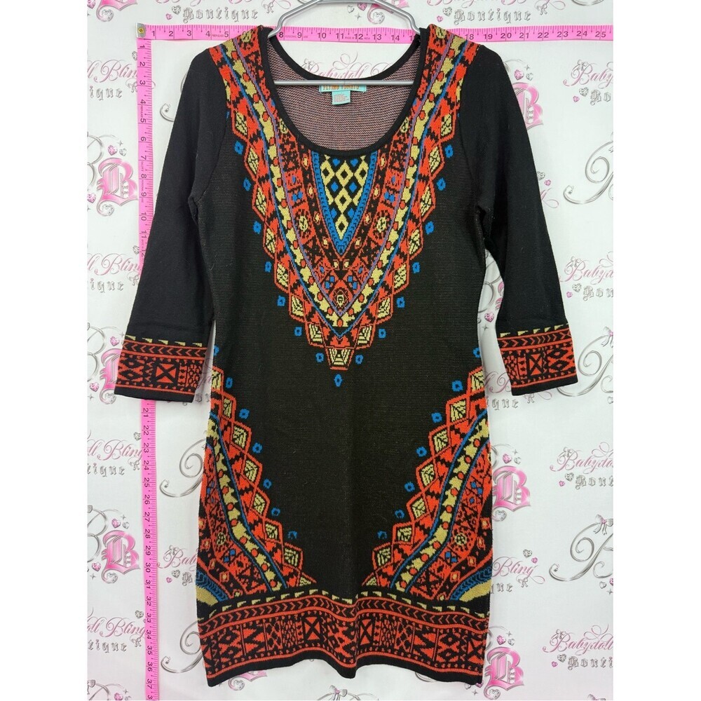 Flying Tomato Black Tunic Dress with orange, Blue and Yellow Tribal Motif